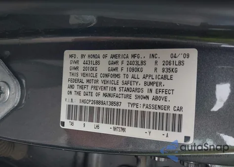 2009 Honda Accord 2.4 Ex-L z USA, uszkodzony, nr VIN 1HGCP26889A138587